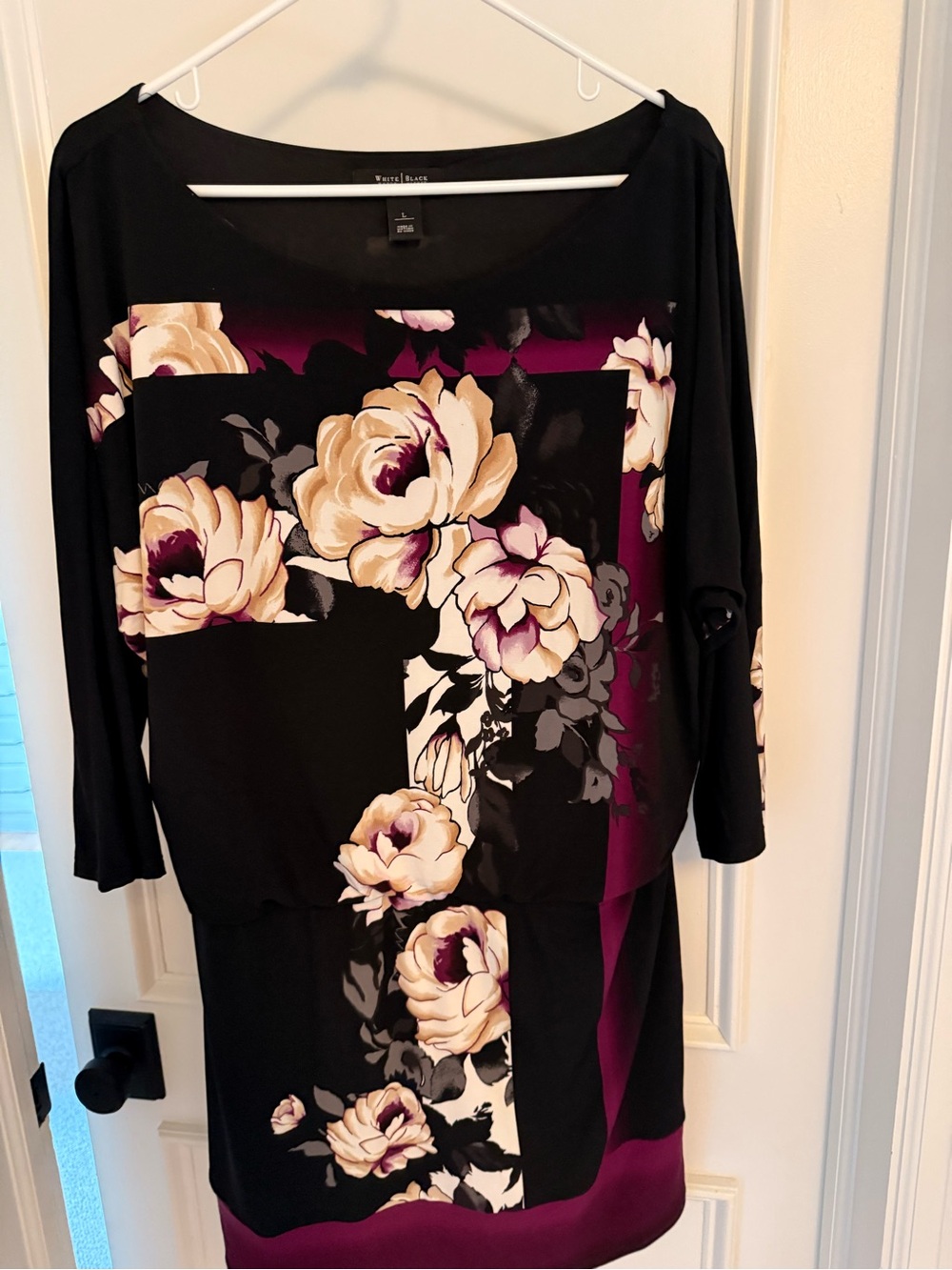 White House Black Market Black Floral Long-Sleeve Dress with Plum Trim - Picture 4 of 5